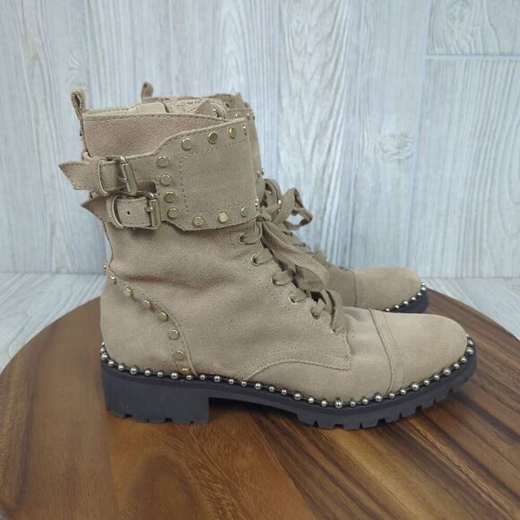 Sam Edelman Womens 8.5 Jennifer Boots Studded Combat Tan Suede Zip Ankle - Picture 6 of 12
